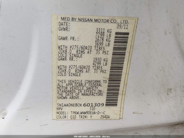 2012 Nissan Armada Platinum მანქანა იყიდება აუქციონზე, vin: 5N1AA0NE8CN601309, აუქციონის ნომერი: 46015093