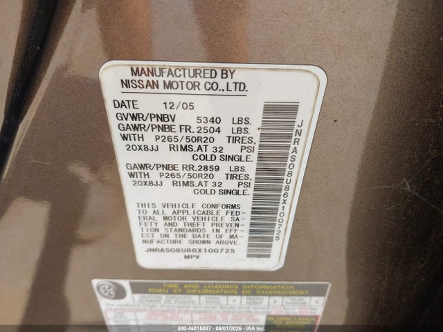 Продаж на аукціоні авто 2006 Infiniti Fx35, vin: JNRAS08U86X100725, номер лоту: 46015097