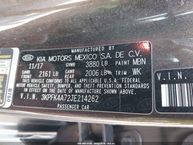 46015108 :رقم المزاد ، 3KPFK4A72JE214262 vin ، 2018 Kia Forte Lx مزاد بيع