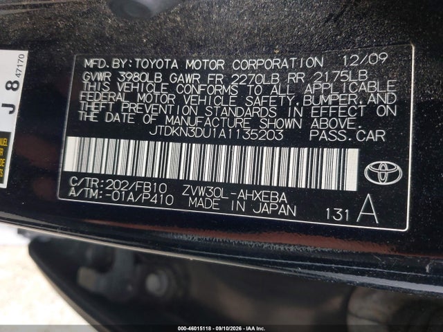 Aukcja sprzedaży 2010 Toyota Prius Iii, vin: JTDKN3DU1A1135203, numer aukcji: 46015118