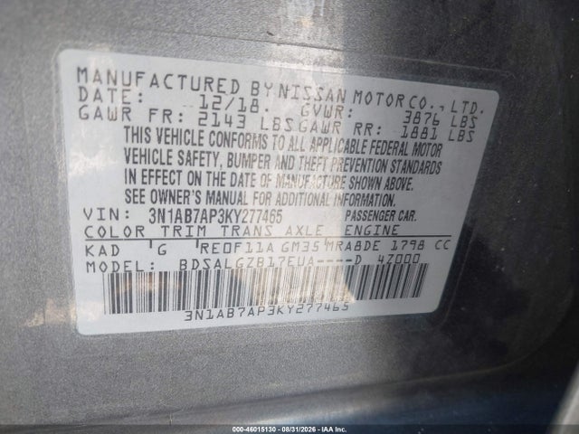 Продаж на аукціоні авто 2019 Nissan Sentra Sl, vin: 3N1AB7AP3KY277465, номер лоту: 46015130