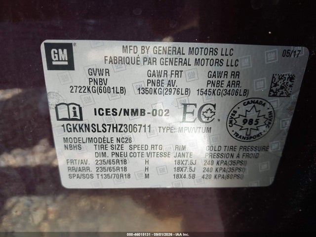 Продаж на аукціоні авто 2017 Gmc Acadia Sle-2, vin: 1GKKNSLS7HZ306711, номер лоту: 46015131