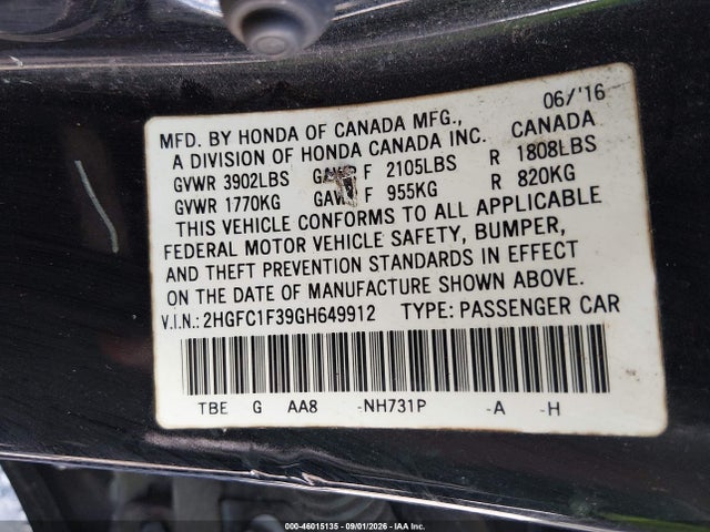 Продаж на аукціоні авто 2016 Honda Civic Ex-t, vin: 2HGFC1F39GH649912, номер лоту: 46015135