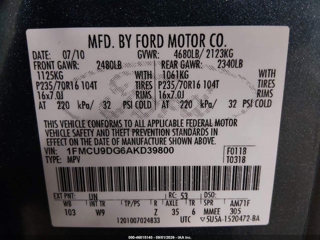 Продаж на аукціоні авто 2010 Ford Escape Xlt, vin: 1FMCU9DG6AKD39800, номер лоту: 46015140