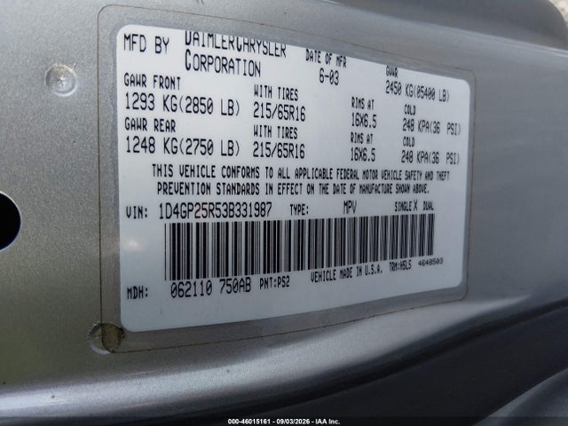 Продаж на аукціоні авто 2003 Dodge Caravan Se, vin: 1D4GP25R53B331987, номер лоту: 46015161