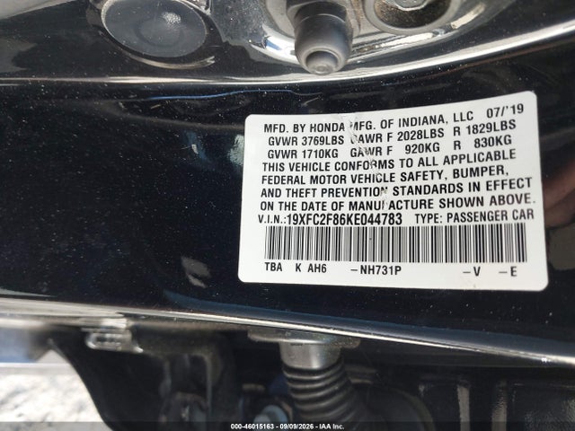 46015163 :رقم المزاد ، 19XFC2F86KE044783 vin ، 2019 Honda Civic Sport مزاد بيع