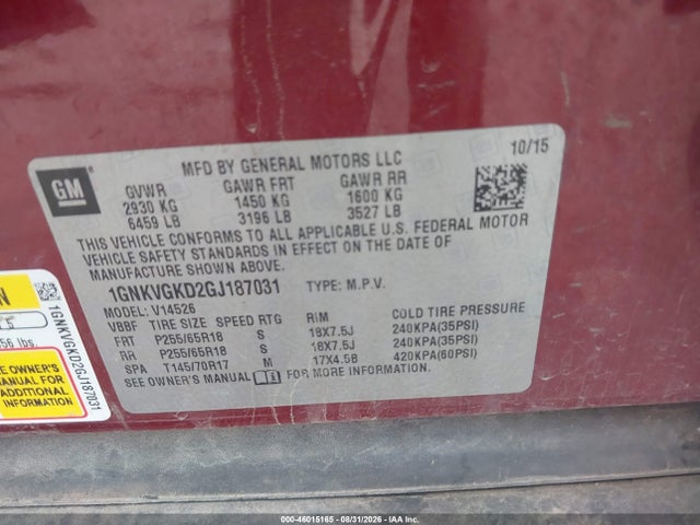 46015165 :رقم المزاد ، 1GNKVGKD2GJ187031 vin ، 2016 Chevrolet Traverse 1lt مزاد بيع