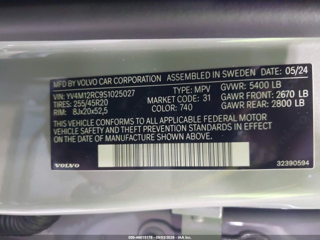 Aukcja sprzedaży 2025 Volvo Xc60 B5 Plus, vin: YV4M12RC9S1025027, numer aukcji: 46015176
