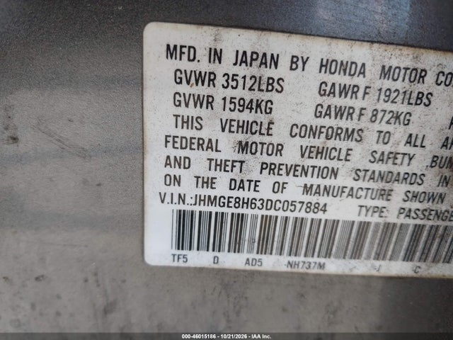 Продаж на аукціоні авто 2013 Honda Fit Sport, vin: JHMGE8H63DC057884, номер лоту: 46015186