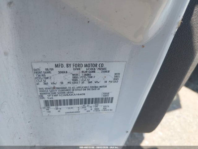 46015188 :رقم المزاد ، 1FTMF1CW8AKA16409 vin ، 2010 Ford F-150 Stx/xl/xlt/xlt W/mid-box Prep مزاد بيع