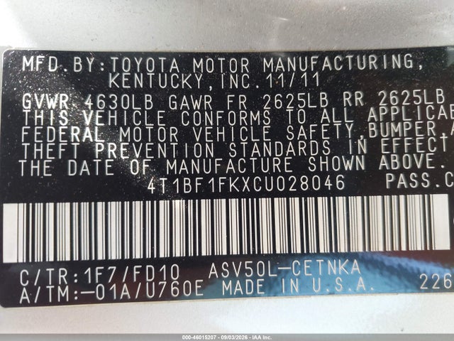 Продаж на аукціоні авто 2012 Toyota Camry Le, vin: 4T1BF1FKXCU028046, номер лоту: 46015207