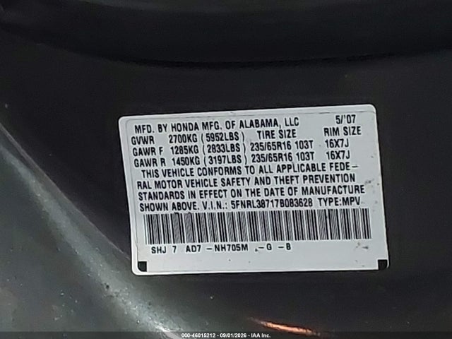 Продажа на аукционе авто 2007 Honda Odyssey Ex-l, vin: 5FNRL38717B083628, номер лота: 46015212