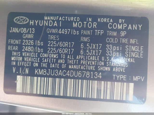 Aukcja sprzedaży 2013 Hyundai Tucson Gls, vin: KM8JU3AC4DU678134, numer aukcji: 46015217