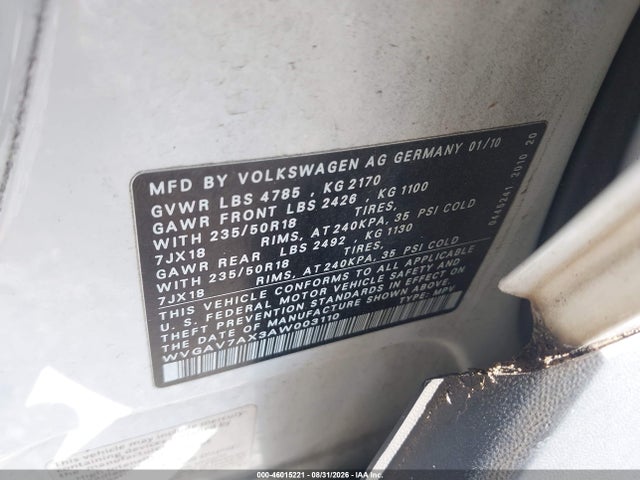 2010 Volkswagen Tiguan Wolfsburg Edition მანქანა იყიდება აუქციონზე, vin: WVGAV7AX3AW003110, აუქციონის ნომერი: 46015221