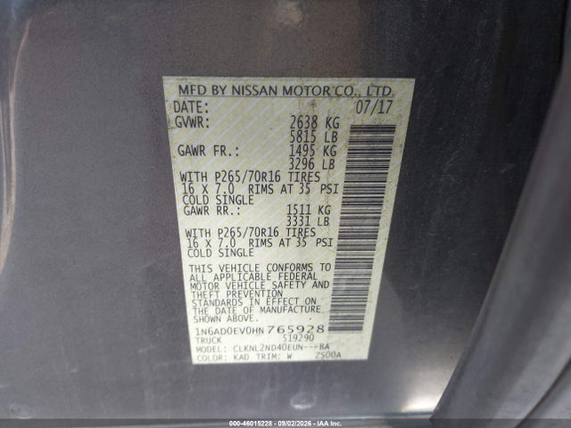 2017 Nissan Frontier Sv მანქანა იყიდება აუქციონზე, vin: 1N6AD0EV0HN765928, აუქციონის ნომერი: 46015228