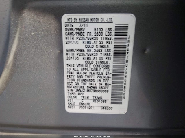 Продаж на аукціоні авто 2011 Nissan Murano Le, vin: JN8AZ1MU7BW068068, номер лоту: 46015234