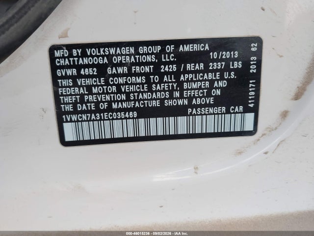 46015236 :رقم المزاد ، 1VWCN7A31EC035469 vin ، 2014 Volkswagen Passat 2.0l Tdi Sel Premium مزاد بيع