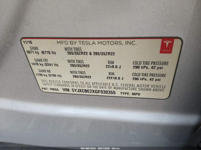 46015243 :رقم المزاد ، 5YJXCBE2XGF030355 vin ، 2016 Tesla Model X 60d/70d/75d/90d/p100d مزاد بيع
