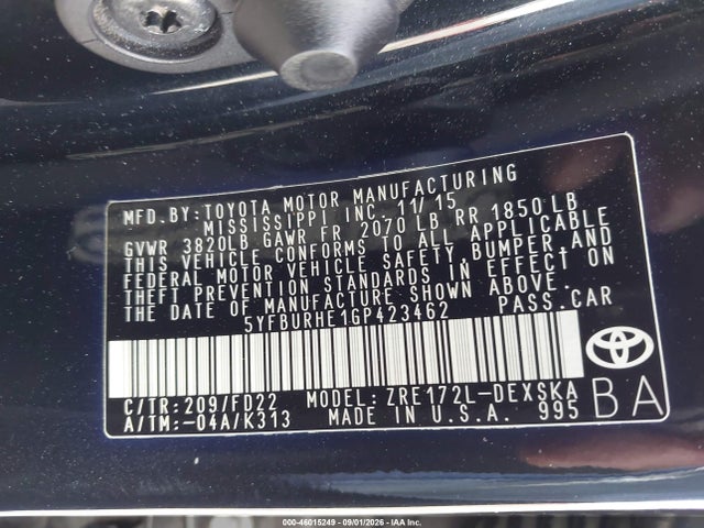 Продажа на аукционе авто 2016 Toyota Corolla S Plus, vin: 5YFBURHE1GP423462, номер лота: 46015249