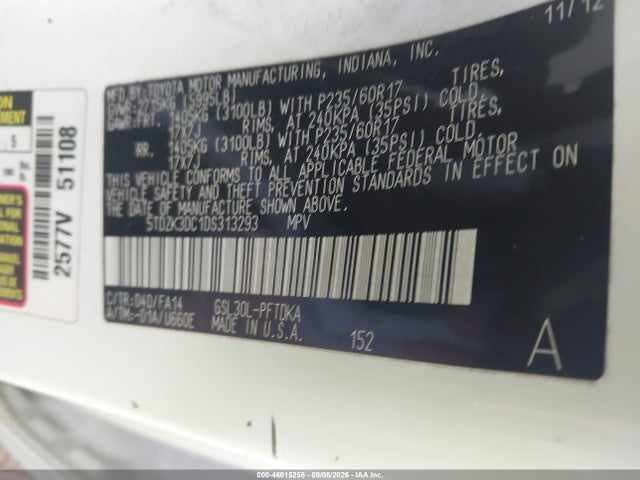 Aukcja sprzedaży 2013 Toyota Sienna L V6 7 Passenger, vin: 5TDZK3DC1DS313293, numer aukcji: 46015256