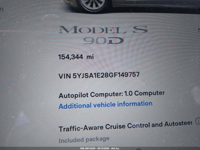 Продаж на аукціоні авто 2016 Tesla Model S 60d/70d/75d/85d/90d, vin: 5YJSA1E28GF149757, номер лоту: 46015259