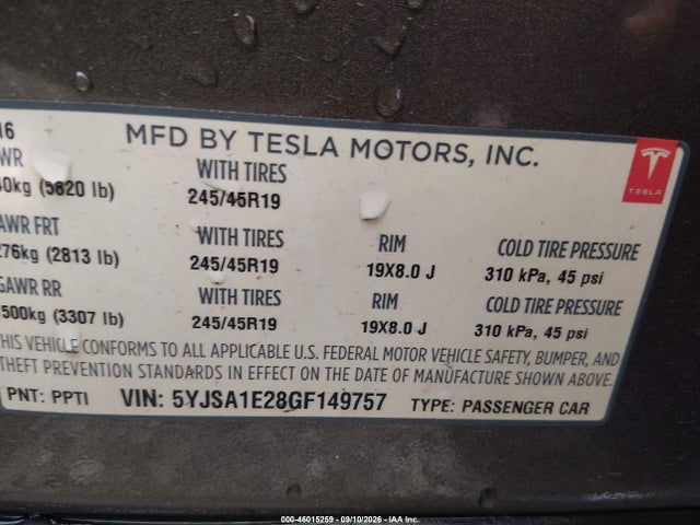 Продаж на аукціоні авто 2016 Tesla Model S 60d/70d/75d/85d/90d, vin: 5YJSA1E28GF149757, номер лоту: 46015259