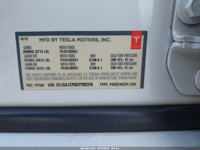 46015263 :رقم المزاد ، 5YJSA1CP0CFP02376 vin ، 2012 Tesla Model S Performance/signature Performance مزاد بيع