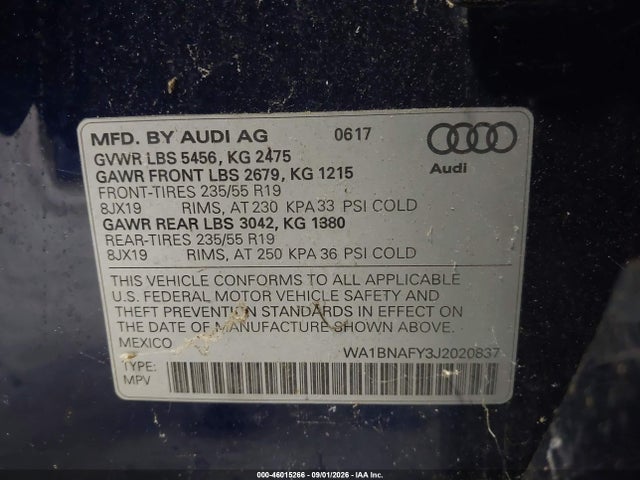 46015266 :رقم المزاد ، WA1BNAFY3J2020837 vin ، 2018 Audi Q5 2.0t Premium/2.0t Tech Premium مزاد بيع