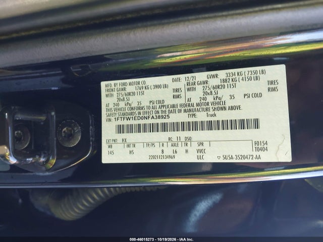 2022 Ford F-150 Lariat მანქანა იყიდება აუქციონზე, vin: 1FTFW1ED0NFA38925, აუქციონის ნომერი: 46015273