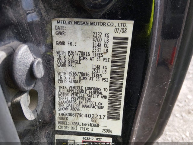 2009 Nissan Frontier Se-i4 მანქანა იყიდება აუქციონზე, vin: 1N6BD06T79C402217, აუქციონის ნომერი: 46015276