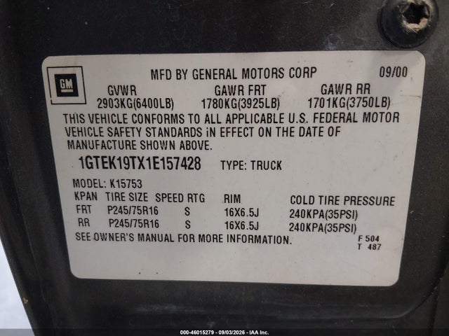 46015279 :رقم المزاد ، 1GTEK19TX1E157428 vin ، 2001 Gmc Sierra 1500 Sle مزاد بيع