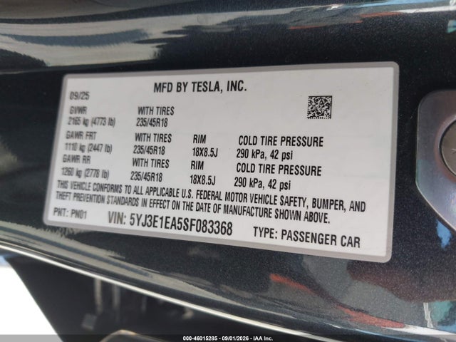 5YJ3E1EA5SF083368 Tesla Model 3 Long Range Rear-wheel Drive/standard Rear-wheel Drive