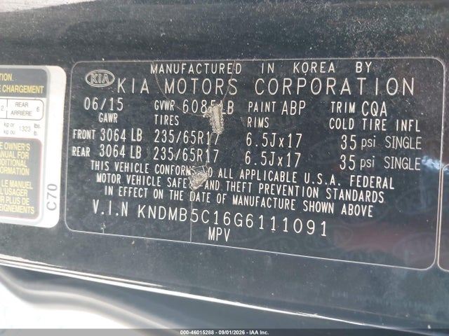 Aukcja sprzedaży 2016 Kia Sedona Lx, vin: KNDMB5C16G6111091, numer aukcji: 46015288