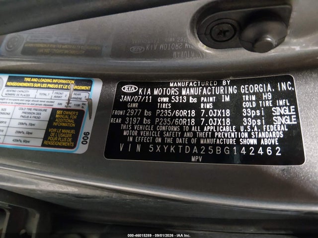 Aukcja sprzedaży 2011 Kia Sorento Lx V6, vin: 5XYKTDA25BG142462, numer aukcji: 46015289