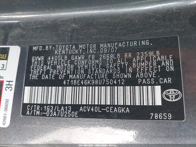 Продаж на аукціоні авто 2008 Toyota Camry Xle, vin: 4T1BE46K98U750412, номер лоту: 46015291