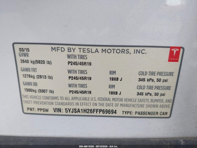 Tesla Model S 70d/85d/p85d 2015 5YJSA1H26FFP69694 Image 9