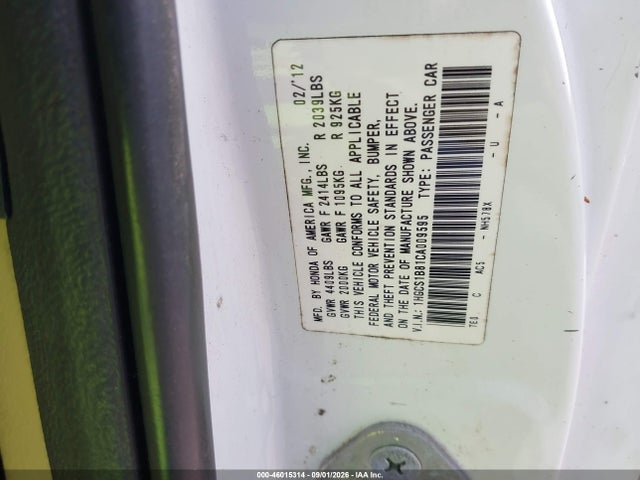 Продажа на аукционе авто 2012 Honda Accord 2.4 Ex-l, vin: 1HGCS1B81CA009595, номер лота: 46015314