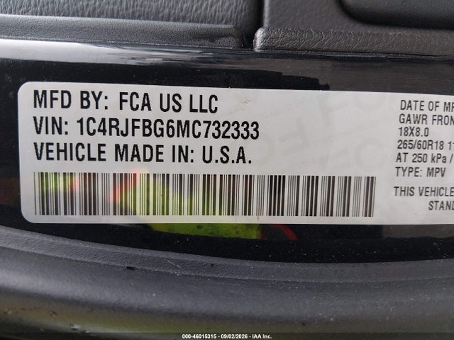 Продаж на аукціоні авто 2021 Jeep Grand Cherokee Limited 4x4, vin: 1C4RJFBG6MC732333, номер лоту: 46015315