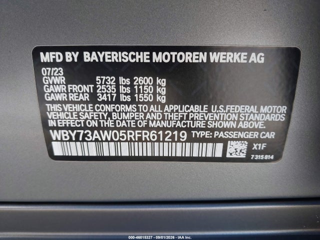 Aukcja sprzedaży 2024 Bmw I4 Gran Coupe Edrive40, vin: WBY73AW05RFR61219, numer aukcji: 46015327