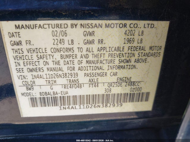 Aukcja sprzedaży 2006 Nissan Altima 2.5 S, vin: 1N4AL11D26N382939, numer aukcji: 46015342