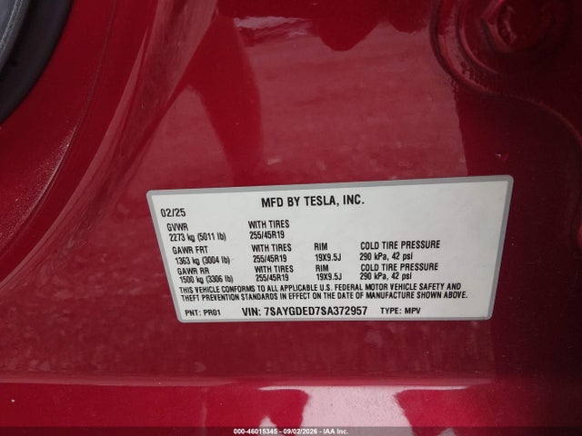 Продажа на аукционе авто 2025 Tesla Model Y Long Range Dual Motor Rear-wheel Drive, vin: 7SAYGDED7SA372957, номер лота: 46015345