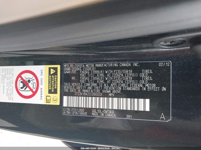 Aukcja sprzedaży 2012 Lexus Rx 350, vin: 2T2ZK1BA2CC080033, numer aukcji: 46015349