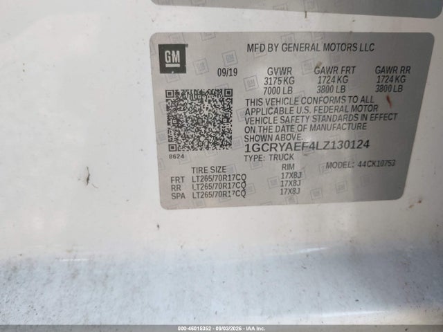 2020 Chevrolet Silverado 1500 4wd  Standard Bed Wt მანქანა იყიდება აუქციონზე, vin: 1GCRYAEF4LZ130124, აუქციონის ნომერი: 46015352