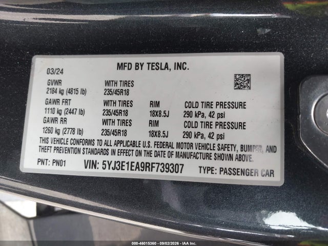 Aukcja sprzedaży 2024 Tesla Model 3 Long Range Dual Motor All-wheel Drive/rear-wheel Drive, vin: 5YJ3E1EA9RF739307, numer aukcji: 46015360