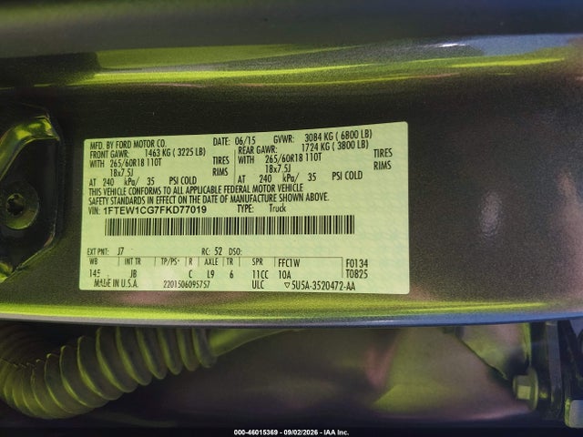 46015369 :رقم المزاد ، 1FTEW1CG7FKD77019 vin ، 2015 Ford F-150 Xlt مزاد بيع