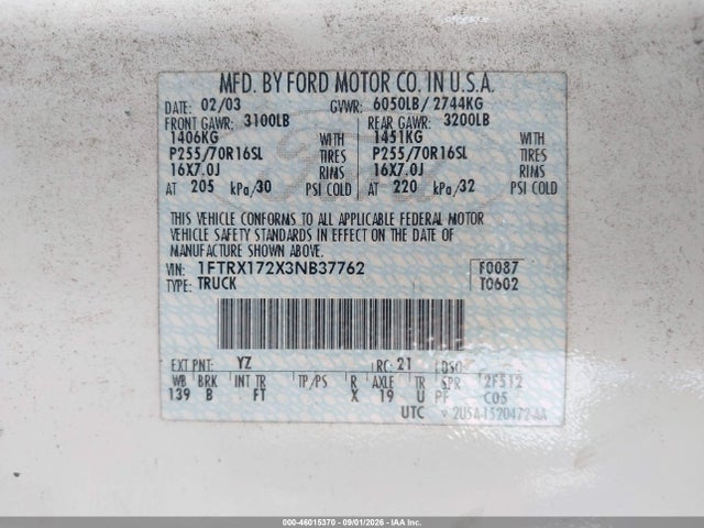 Продажа на аукционе авто 2003 Ford F-150 Xl/xlt, vin: 1FTRX172X3NB37762, номер лота: 46015370