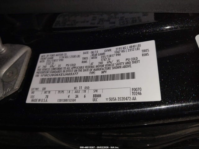 46015387 :رقم المزاد ، 1FMCU9G9XEUA65377 vin ، 2014 Ford Escape Se مزاد بيع