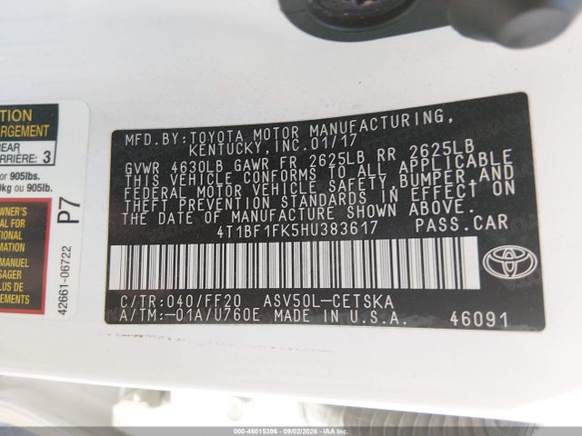 2017 Toyota Camry Se მანქანა იყიდება აუქციონზე, vin: 4T1BF1FK5HU383617, აუქციონის ნომერი: 46015396