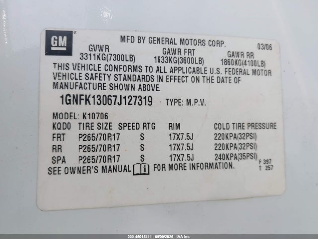 2007 Chevrolet Tahoe Ls მანქანა იყიდება აუქციონზე, vin: 1GNFK13067J127319, აუქციონის ნომერი: 46015411