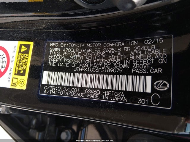 Продажа на аукционе авто 2015 Lexus Es 350, vin: JTHBK1GG6F2189079, номер лота: 46015414